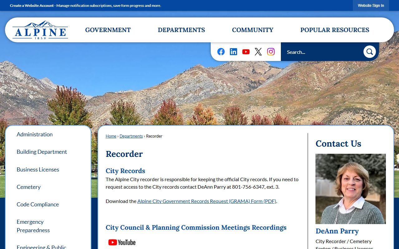 Alpine City Recorder page on the Alpine city website for the Alpine residents directory