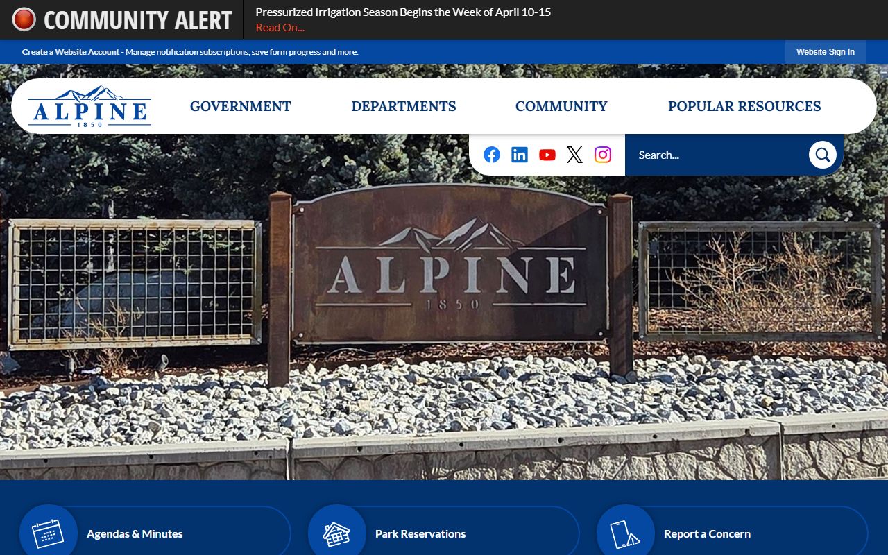 Alpine city website homepage for the Alpine residents directory