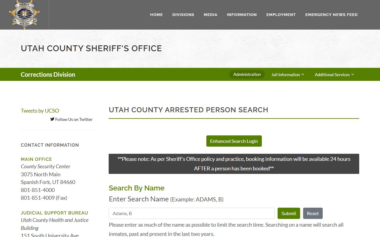 Utah County inmate search tool for the residents directory