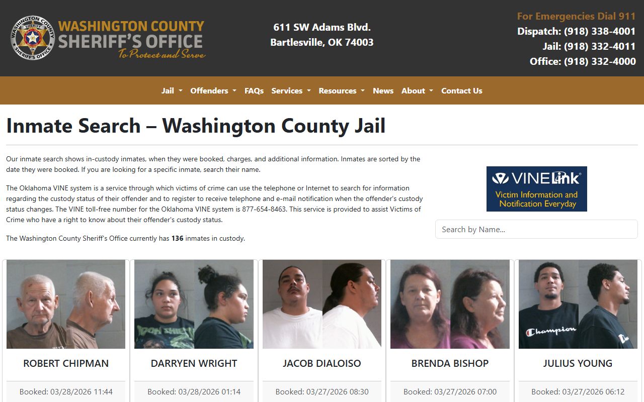 Washington County inmate search tool for the residents directory