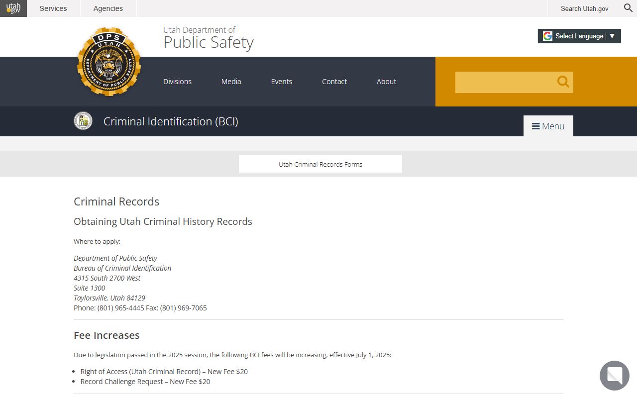 Utah Bureau of Criminal Identification criminal records search for Utah residents directory