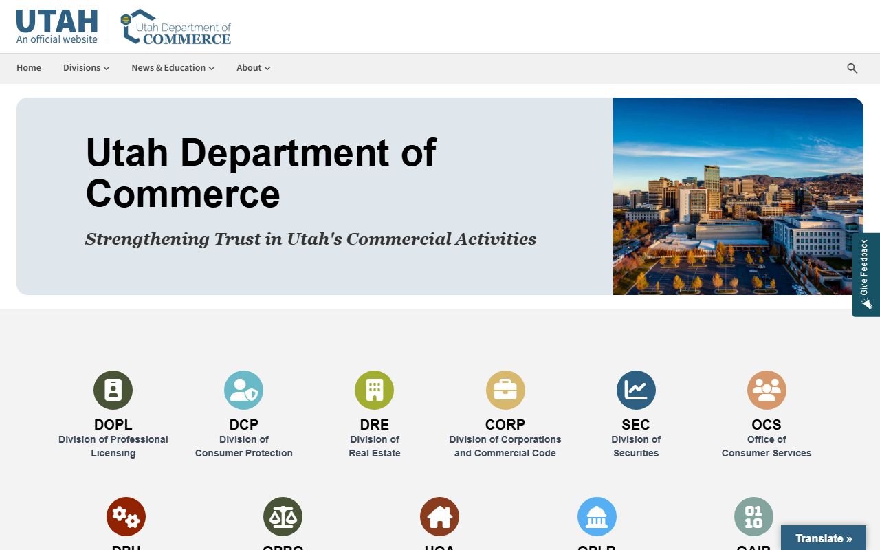 Utah Department of Commerce business records for residents directory